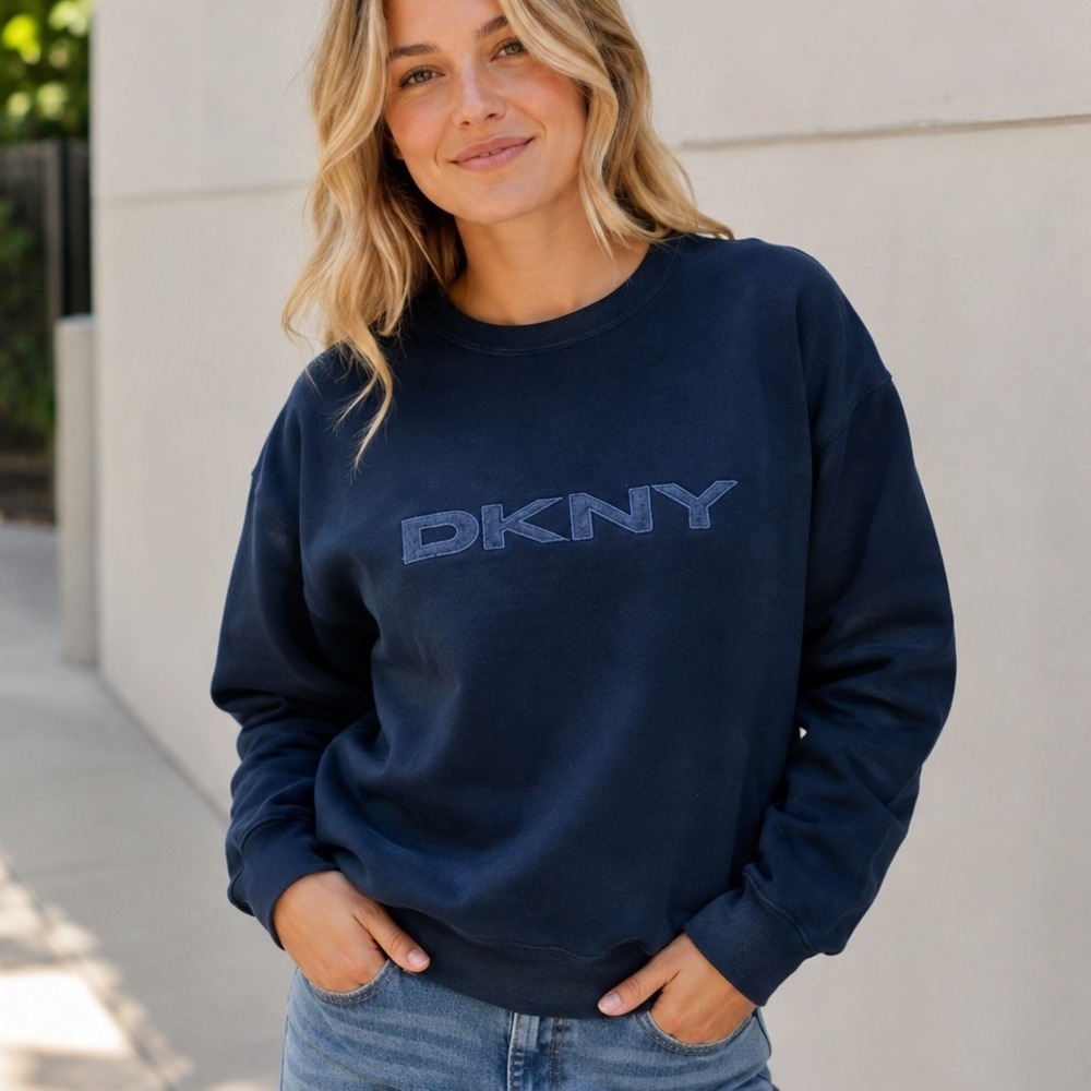 Vintage Y2k DKNY Sweatshirt Adult L-XL Black Embroidered Spell Out Logo Crewneck